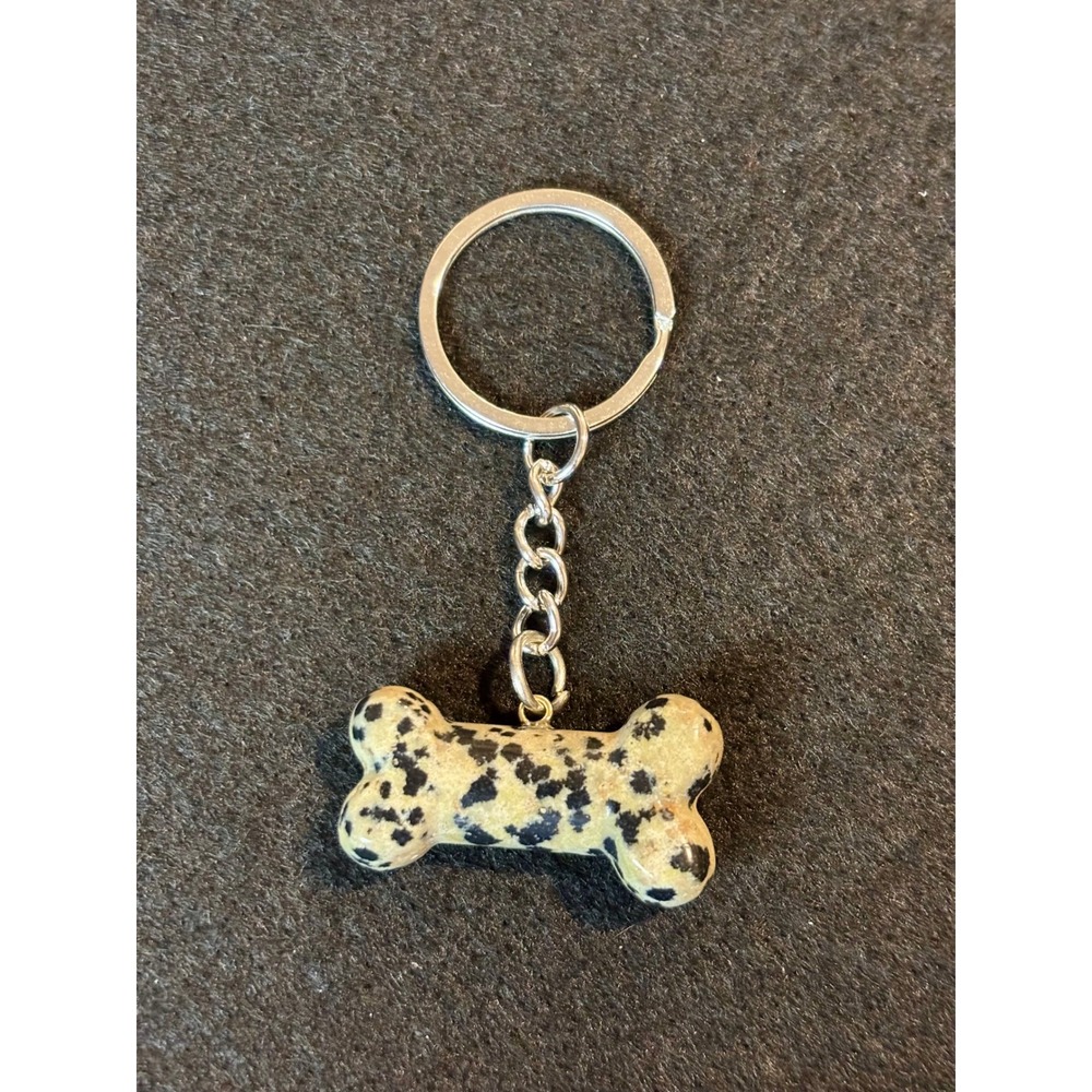 Dalmatian Jasper Dog Bone Stone Keychain Silver Tone Natural Spotted Gemstone